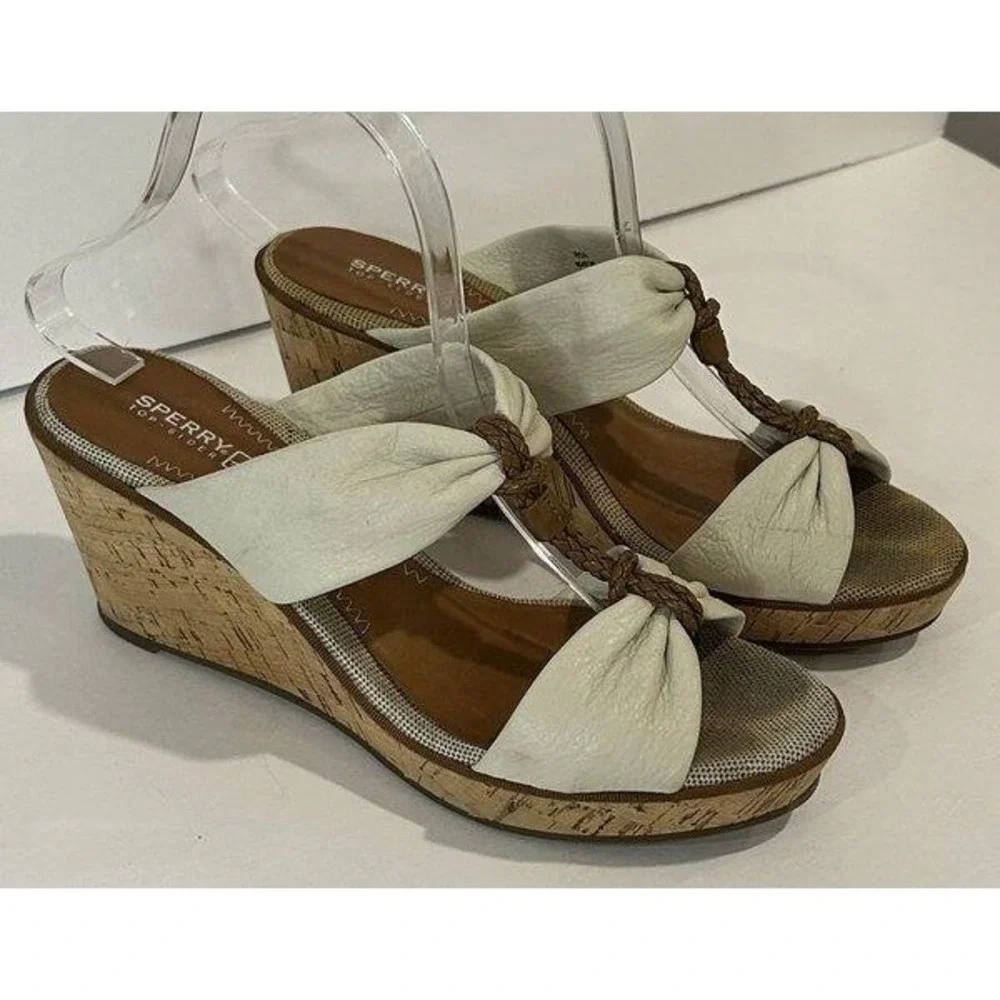 Sperry Top-Sider Womens White Ivory Leather Upper Cork Wedge Sandals Size 9